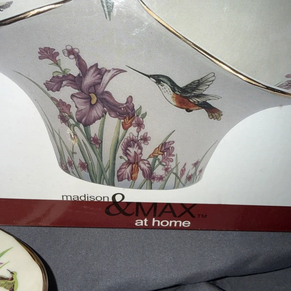 Porcelain Hummingbird Floral Basket Candy Dish Bowl Vase Planter 7.5